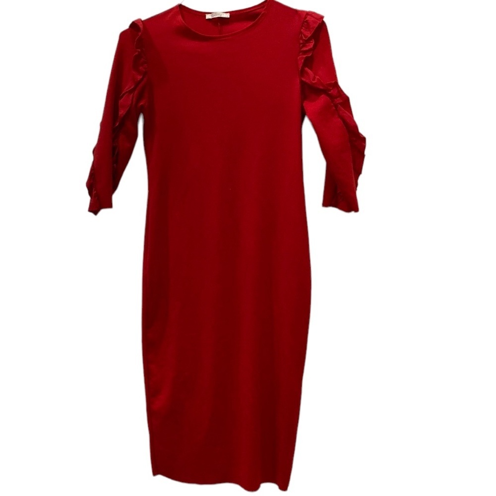 Zara Trafaluc Ponti Di Roma Red Knit Dress Elbow Sleeve Ruffle 3/4 size M - Picture 8 of 14